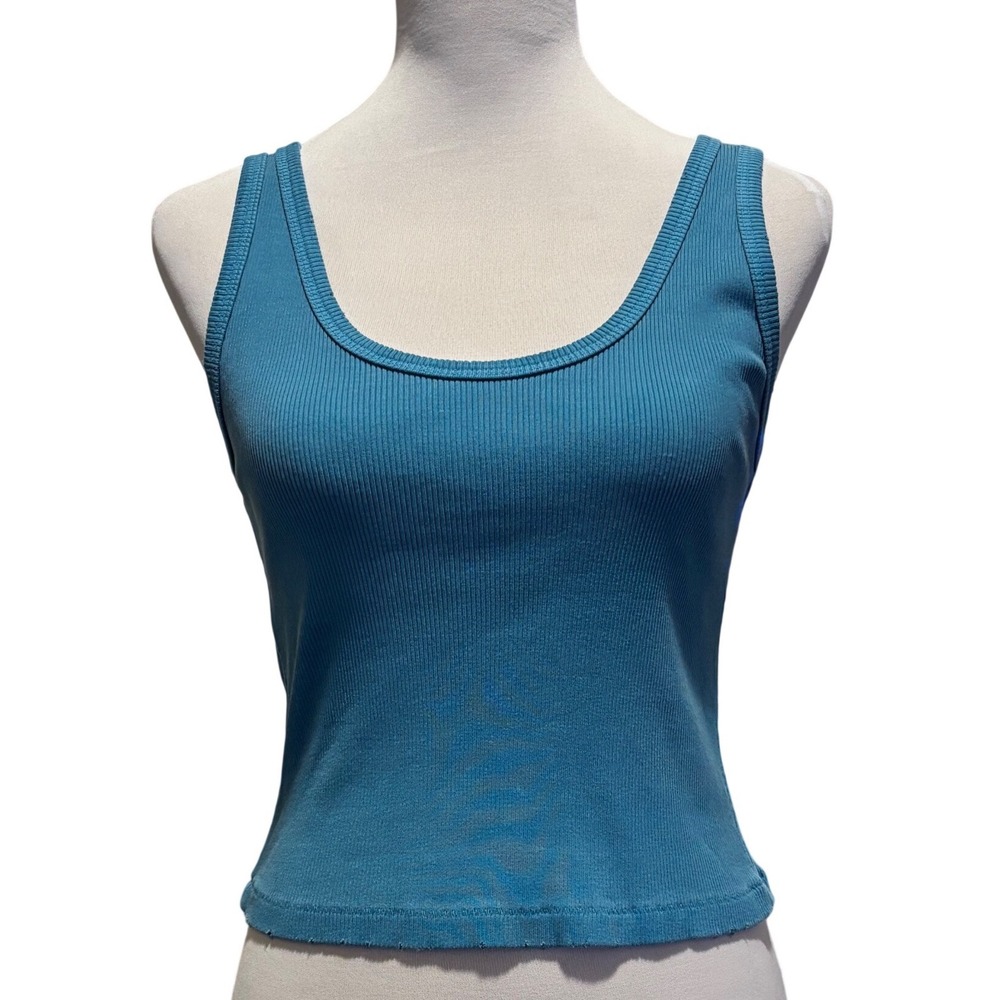 AMO Crop Ribbed Tank Top SM Teal Blue Scoop Neck Stretch Raw Distressed Edges